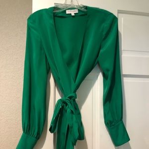 Green silk Intermix wrap blouse